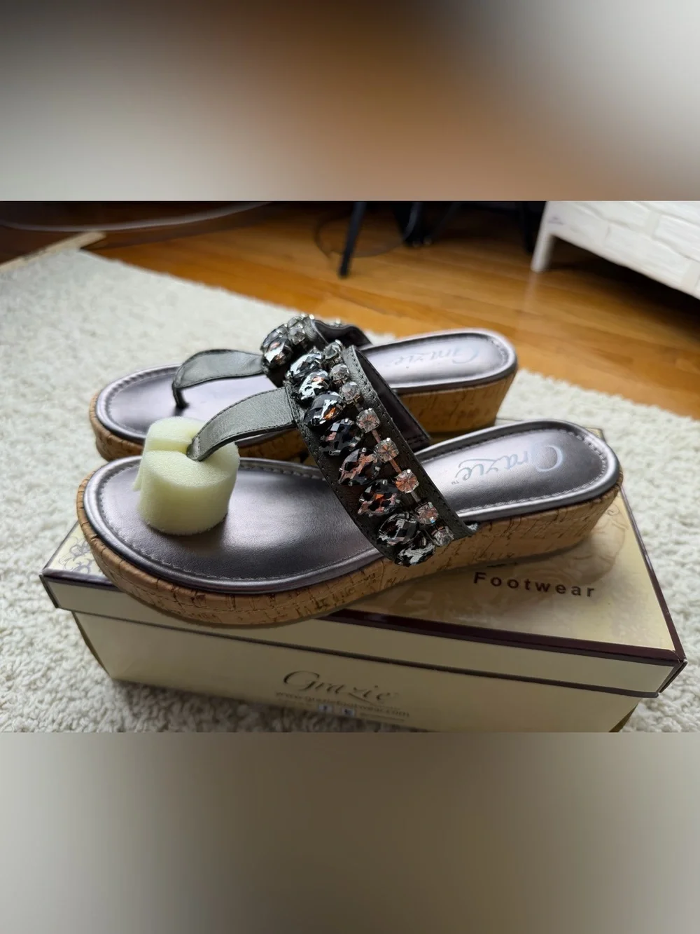 SZ 8 Grazie Black Jeweled Cork Wedge Thong Sandals